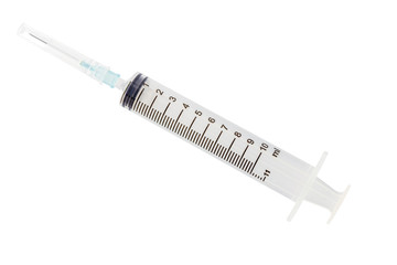 Plastic hypodermic syringe on white background