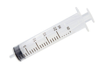 Plastic hypodermic syringe on white background