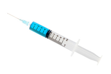 Blue sky serum, vaccine in plastic hypodermic syringe 10 ml on white background