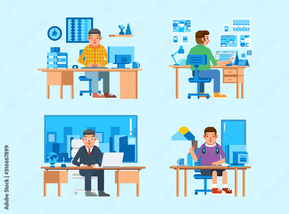 Poster set isometric illustration of some man character working on desk with computer, laptop and other stu
