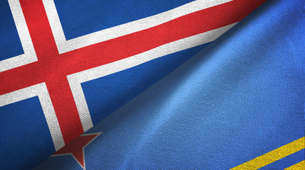 Iceland and Aruba two flags textile cloth, fabric texture