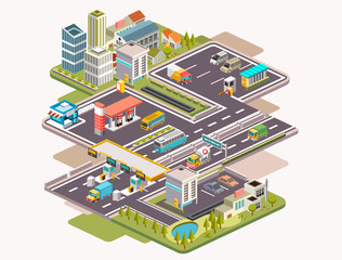 isometric vector illustration of cityscape with gas station, parking area or rest area and higway gate