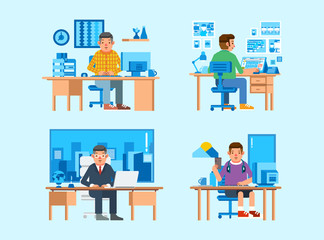 set isometric illustration of some man character working on desk with computer, laptop and other stuff
