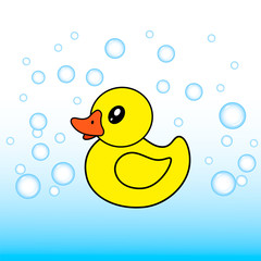 Rubber duck bath toy with bubbles in flat style isolated on white background. Vector illustration.