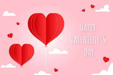 valentines day greetings card with balloons flying with clouds vector