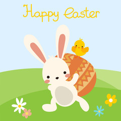 Obraz na płótnie Canvas Cute flat cartoon vector easter bunny with colorful decorative eggs and yellow kawaii chickens on green nature floral landscape with flowers with lettering