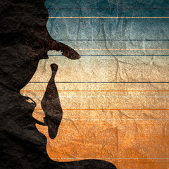 Face side view. Elegant silhouette of a head. Gradient paint horizontal lines