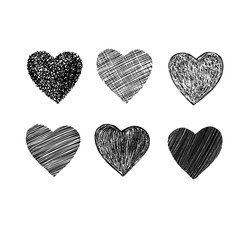 Hearts set isolated on white. Scribble doodle style. Vector