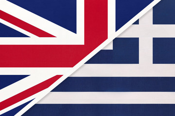 United Kingdom vs Greece national flag from textile. Relationship between two european countries.