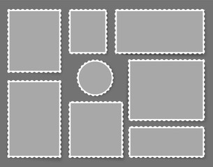 Blank poststamps set. Old postal perforated sticker for card or mail. Postmark in retro style. Toothed border mailing postal sticker template in different size.