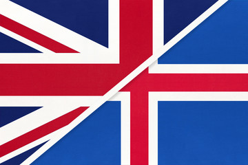 United Kingdom vs Iceland national flag from textile. Relationship between two european countries.