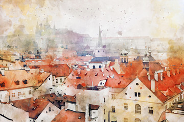 watercolor style and abstract illustration of Prague old houses tile roofs, castle and cathedral....