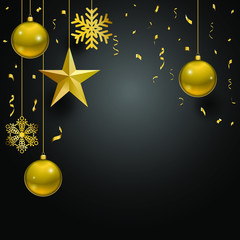 Christmas & New Year. Gold ball, star, snowflake, confetti on black background for card