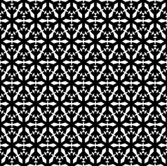 Black snowflakes symbol vector repeat pattern on white background.