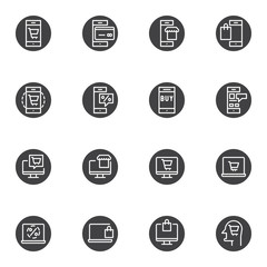 Online shopping vector icons set, Mobile E-commerce modern solid symbol collection, filled style pictogram pack. Signs, logo illustration. Set includes icons as online mobile store, computer monitor