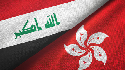 Iraq and Hong Kong two flags textile cloth, fabric texture
