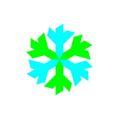 Blue and green snowflake sign vector on white background.