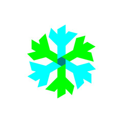 Blue and green snowflake sign vector on white background.