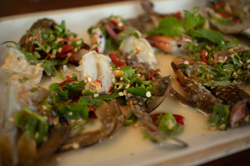 Close up of spicy blue crab salad.