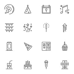 Party event decorations line icons set. linear style symbols collection outline signs pack. vector graphics. Set includes icons as birthday cake, flag, firecracker rocket, sparkler, vinyl music, drink