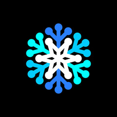 Blue and white snowflake icon vector on black background.