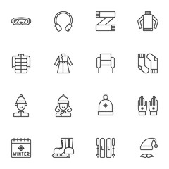 Fototapeta na wymiar Winter clothes line icons set. linear style symbols collection, outline signs pack. vector graphics. Set includes icons as winter hat, mitten gloves, socks, coat, sweater, male, female, wool scarf