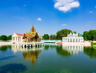 ฺBuilding Mid water Pattern Style Thai architecture and Europe architecture at,Bang Pa In Royal Palace Ayutthaya Thailand,Thai identity,Background Blue Sky