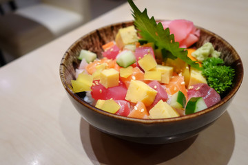 Japanese raw cube fish rice bowl donburi