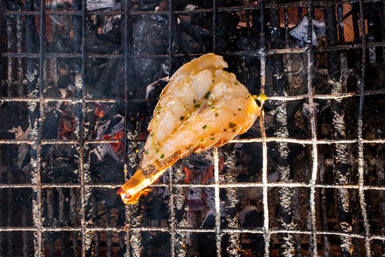 Orange Tail Of A Lobster Sits On Burning Coals. Lobster Grilled On Stove Eat With Spicy Seafood Sauce, Dinner Menu