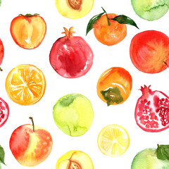 Pattern of fruit painted with watercolor on a white background. Orange, mandarin, pomegranate, berries, pear, plum, banana. A colored sketch of fruits.