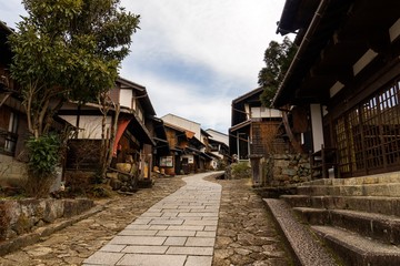 Fototapeta na wymiar 石畳の古い町並みの風景／Magome-juku is an old town in Gifu Prefecture, Japan.