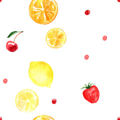 Pattern of fruit painted with watercolor on a white background. Orange, mandarin, pomegranate, berries, pear, plum, banana. A colored sketch of fruits.