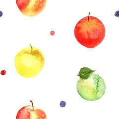 Pattern of fruit painted with watercolor on a white background. Orange, mandarin, pomegranate, berries, pear, plum, banana. A colored sketch of fruits.