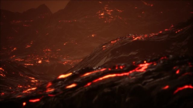 Red Orange vibrant Molten Lava flowing onto grey lavafield and glossy rocky land