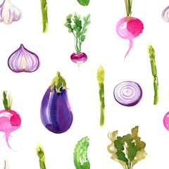 Pattern vegetables. Eggplant, tomatoes, peppers, onions, sweet peas watercolor drawing on a white background. Drawing of the paints of food.