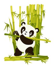 Cute panda bear gathering bamboo stems flat vector isolated illustration