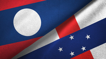 Laos and Netherlands Antilles two flags textile cloth, fabric texture