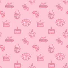 Bakery icons pattern background. Sweets, candy seamless pattern. Symbol, logo illustration. Vector graphics