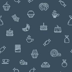 Coffee shop pattern background. Seamless sweets pattern. Symbol, logo illustration. Vector graphics