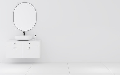 View of white cabinet with round mirror, Minimal interior design with tiles and white wall. 3D rendering