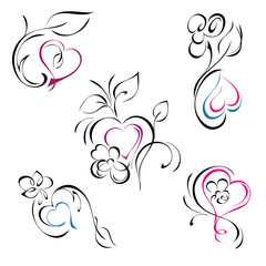 hearts 44. several stylized hearts with flowers, leaves and curls in black and colored lines on a white background