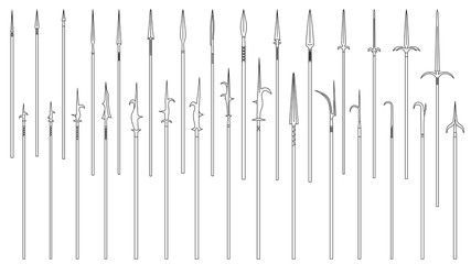 Set of simple monochrome images of medieval spears and halberds drawn by lines. - 316679232