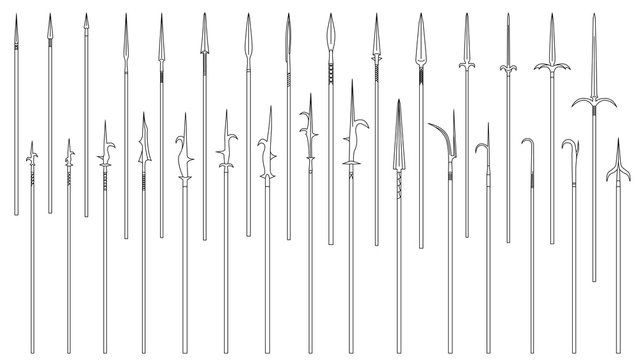 Set of simple monochrome images of medieval spears and halberds drawn by lines.