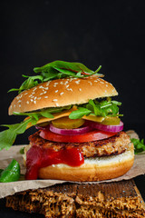 burger meat cutlet beef steak, tomato, sauce and lettuce (tasty meat snack sandwich) menu concept. food background. top view. copy space