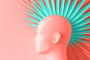 Abstract color pastel background with female profile and stylized defiant fashionable Mohawk hairstyle painted in coral and blue 3D illustration