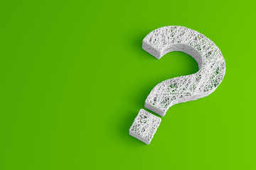 A set of thin thread intertwined in the shape of a question mark on a green background. 3D illustration.