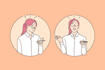 Communication, adiction, social media, success set concept. Young successful girl communicates in social media and waits for response. Addiction to social media is serious problem. Simple flat vector