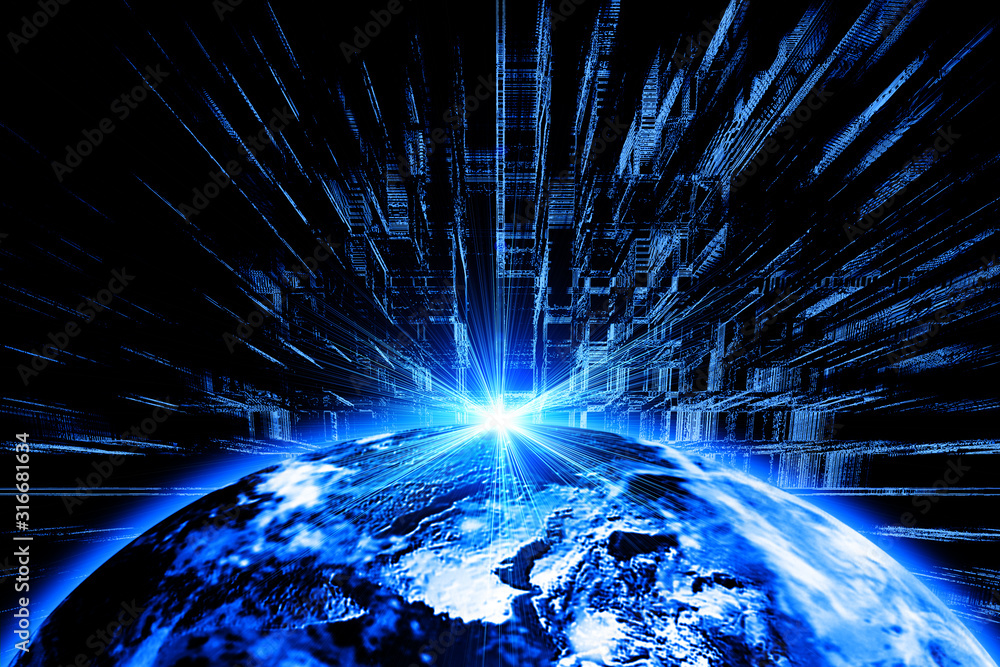Poster 3d render of a cold glowing earth with rays of explosive perspective.