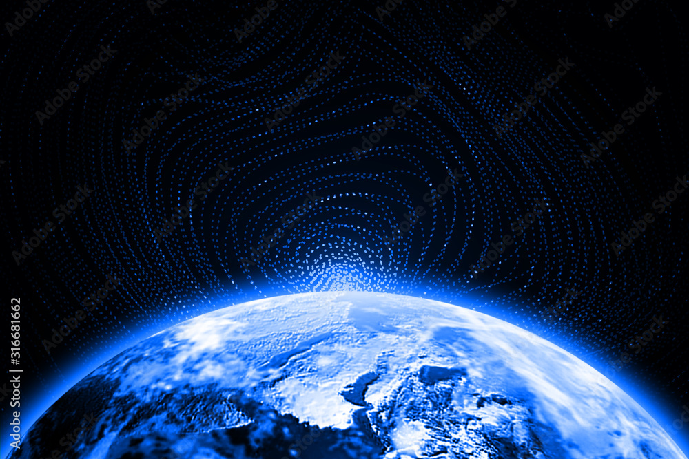 Poster 3d render of a cold glowing earth with rays of explosive perspective.