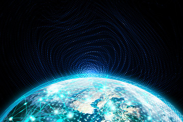 The dotted lines connect the 3D rendered cold light earth and cosmic vortex starry sky background.
